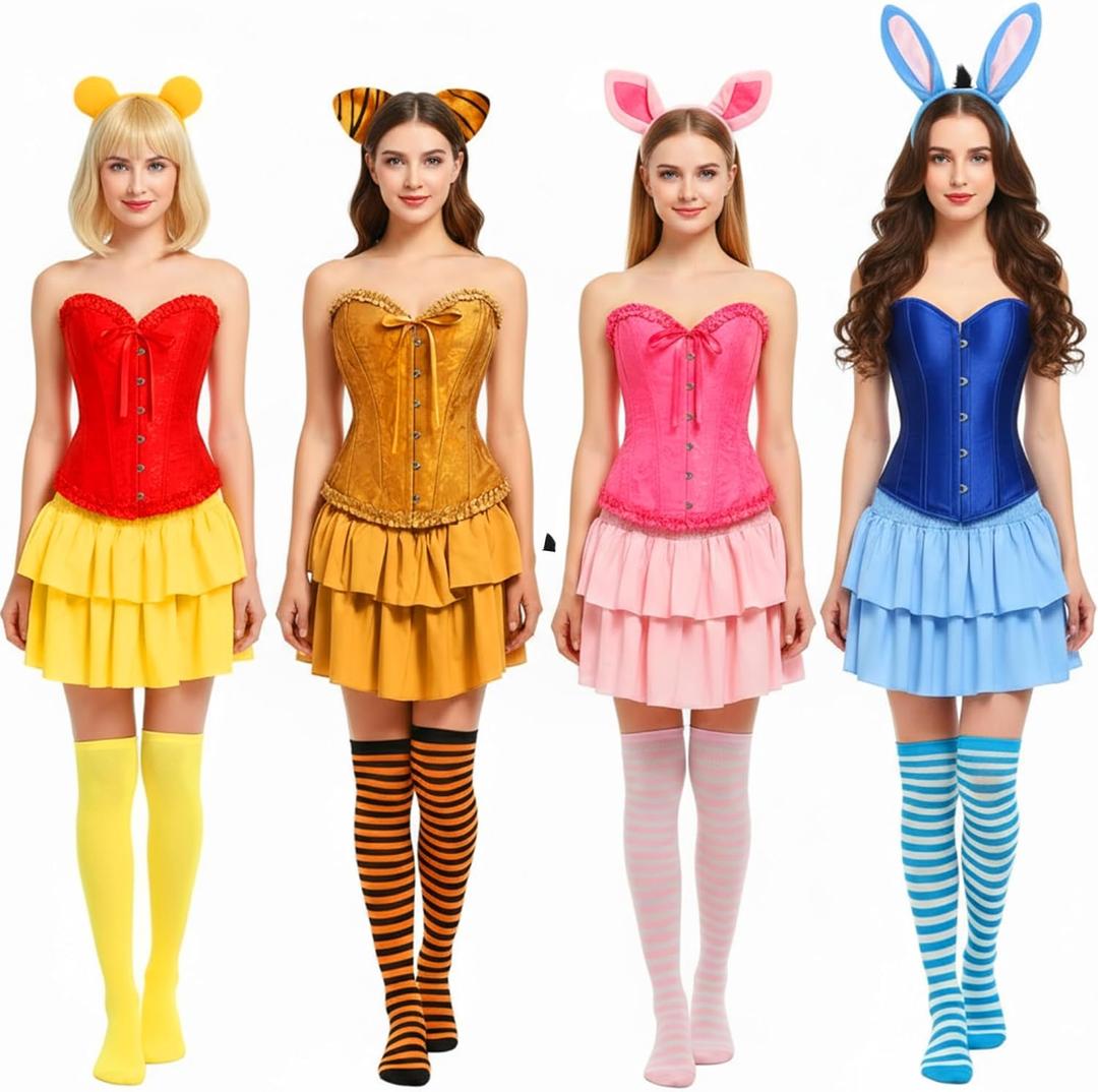 4 Pcs Halloween Animal Group Costume for Women Team Party Dress Corset Tops Headband Socks and Skirt Role Play (Medium, Orange)