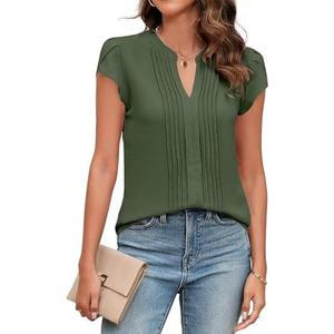 Blooming Jelly Womens Blouses Dressy Causal V Neck Pintuck Short Petal Sleeve Business Tops Ladies Summer Trendy Work Shirt, Medium, Army Green 