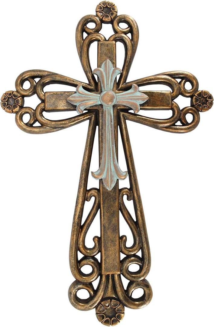 Comfy Hour Rustic Bronze & Turquoise Wall Cross 13 inch Vintage Western Home Decor Heavy Stone-Resin Art Religious Christian Gift for Living Room, Bedroom & Entryway, Cooper
