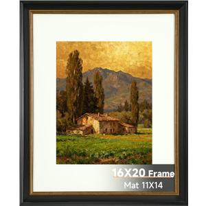 16x20 Black Picture Frame, 16 x 20 Vintage Photo Frame with Plexiglass, Antique Style Picture Frames for Wall & Tabletop, Display Poster 11x14 with Mat or 16x20 without Mat, Black with Gold Trim