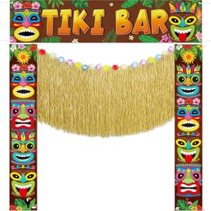 Tingjoo 4 Pcs Hawaiian Tiki Party Decorations Set Tiki Totem Door Banner Signs Aloha Grass Door Skirt Hanging Decor Luau Party Decor for Summer Tropical Birthday Beach Pool Party Supplies (Tiki Bar)