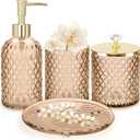 Haturi Amber Brown Bathroom Accessories Set, 4Pcs Glass Bathroom Accessory Set Complete w/Soap Dispenser, Toothbrush Holder, Qtip Holder, Soap Dish, Gold Bathroom Decor Sets, Gift for Home Apartment