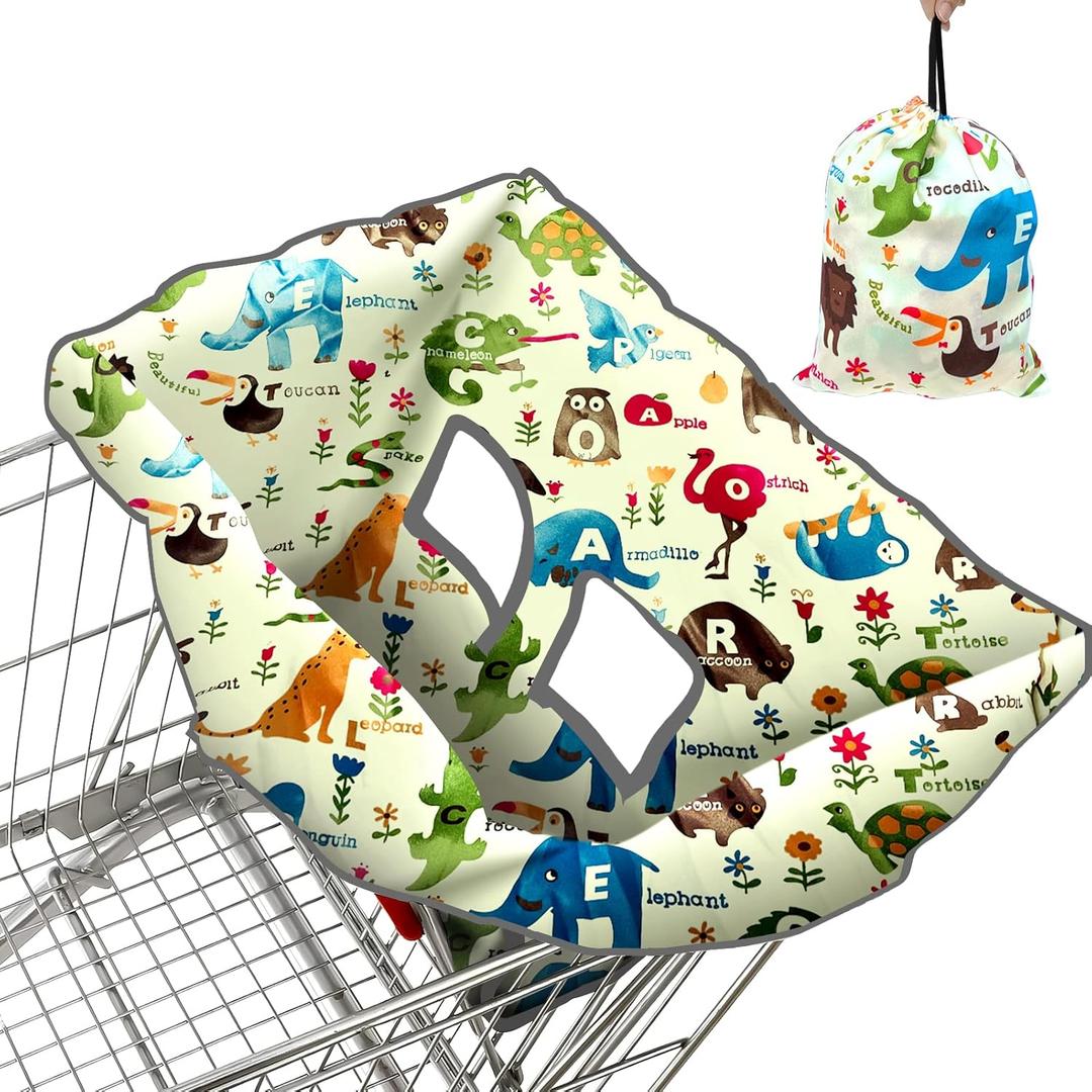 Shopping Cart Cover for Baby, High Chair Cover, Cart Cover for Babies, Kids& Toddlers, Portable 2-in-1 Design, Includes Free Carry Bag for Market and Resturant Use(Cute Zoo)