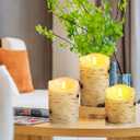 qinxiang Flameless Candles LED Candles Birch Bark Set of 3 (D 3.25" x H 4" 5" 6") Ivory Real Wax Pillar Battery Operated Candles with LED Flame 10-Key Remote Control and Cycling 24 Hours Timer