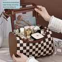 Makeup Bag, Travel Portable Checkered Pattern Cosmetics Skincare Storage Bag (Brown)