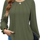 Funlingo Womens Long Sleeve Tops Fashion Fall Shirts Scoop Neck Pleated Ruffle Loose Tunic Tops Business Work Blouse (Green, S)