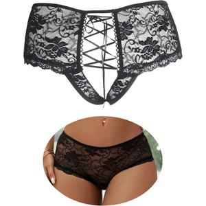 ohyeah Women Lace Boyshort Panty Lace Trim Boyshort Plus Size Underwear Panties Sheer Plus Size Panties (Medium-Large, 1- Black)