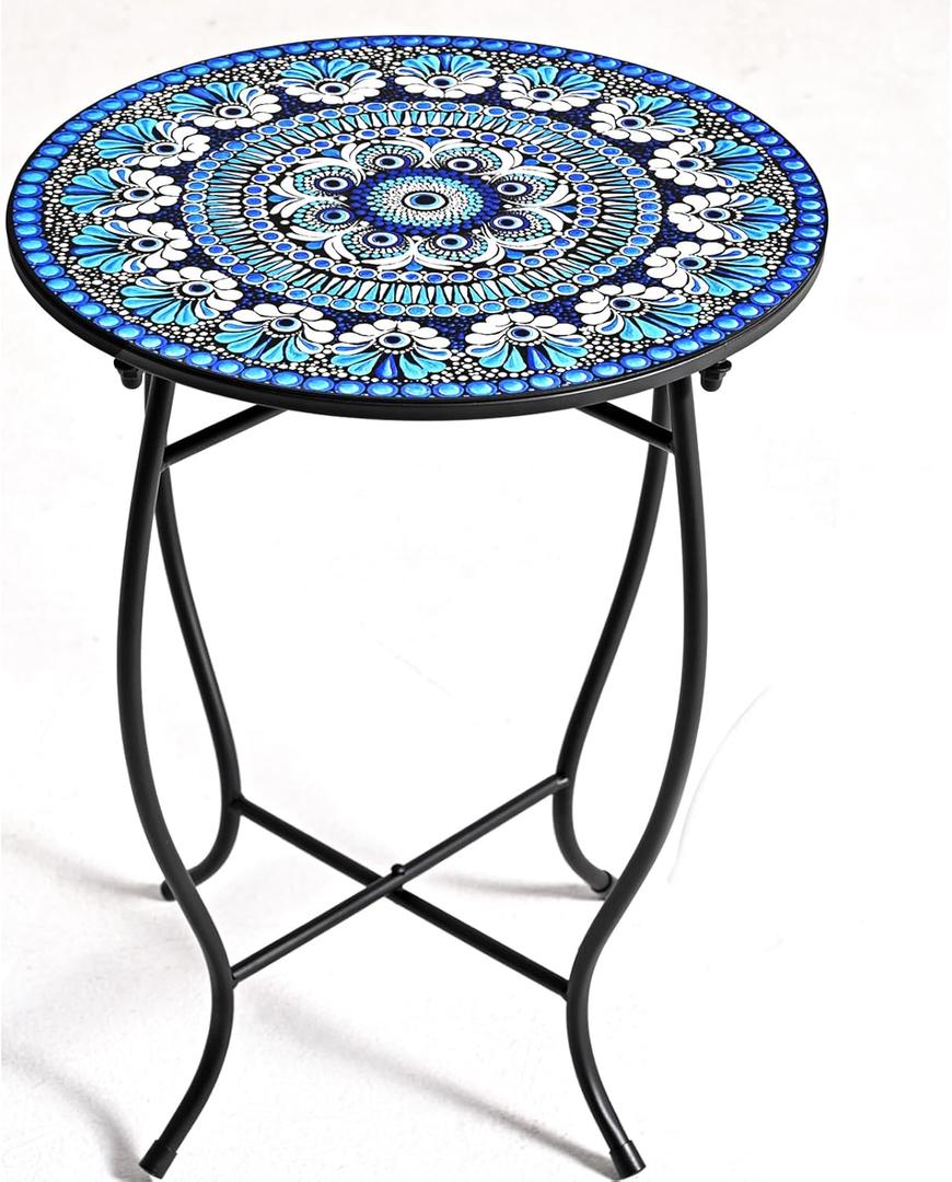 Metal Outdoor Side Table,14" Diameter Round Plant Stand for Flower Pots Vase Home Decor, Weather Resistant Patio Accent Table Plant Stand for Indoor Outdoor Use, Easy Assemble (Blue)