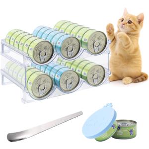 Cat Can Storage Organizer for Pantry, High Clear Acrylic Dog Canned Food Storage Rack 2 Tier Stackable Shelf for Pet Cans Dispenser with Can Cover Lid and Spoon