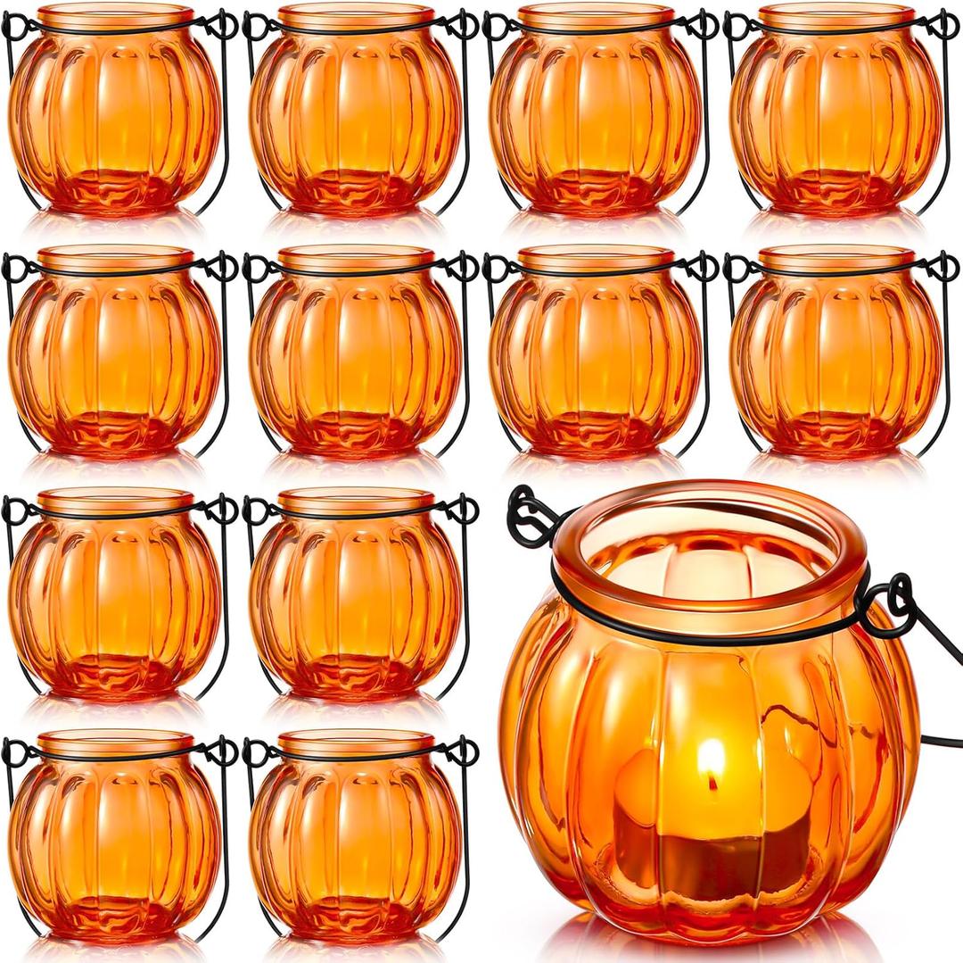 Mumufy 12 Sets Pumpkin Votive Candle Holders Thanksgiving Tea Light Holder Glass Fall Candle Holders with Handle for Thanksgiving Table Centerpiece Decorations Halloween Party Decor(Orange)