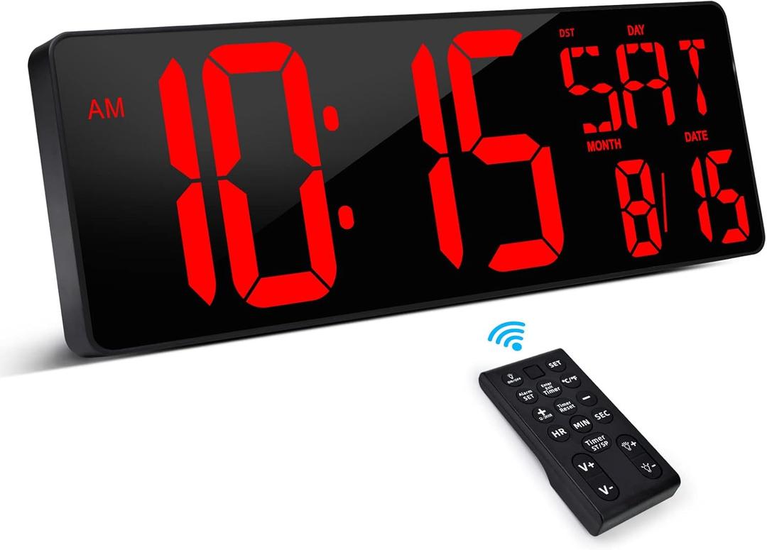 XREXS Large Digital Wall Clock with Remote Control, 16.5 Inch LED Large Display Count Up & Down Timer, Adjustable Brightness Alarm Clock with Day/Date/Temperature for Home, Gym, Office and Classroom (Red)