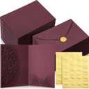 PerKoop 100 Set 5 x 7 Laser Cut Wedding Invitation with Envelopes and Wax Seal Stickers Blank Pocket Invitation Cards Kit for Wedding Bridal Shower Engagement Invite(Scarlet) (Burgundy)