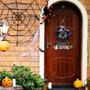 Happy Halloween Door Decoration,Black Cat Sign,Halloween Door Sign,Spooky Black Cat Wall Hanging,Witch Hat Wall Decor,Boo Ghost Plaque for Porch Yard Home Party Haunted House Outdoor Indoor