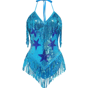 IMEKIS Women Sparkle Stars Fringes Bodysuit Concert Rave Outfit Shiny Music Festivals Halloween Cosplay Alien Costumes S