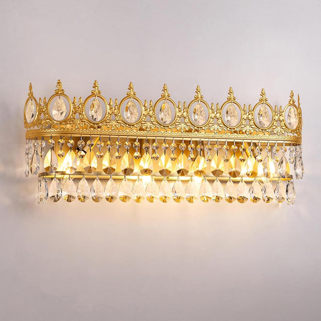 TOCHIC Bathroom Vanity Light Fixtures Over Mirror 4 Lights Gold Crystal Bathroom Wall Light Fixtures Indoor Dimmable, Farmhouse Vintage Sconces for Mirror Cabinets, Powder Room, Bedroom, 24.5 L