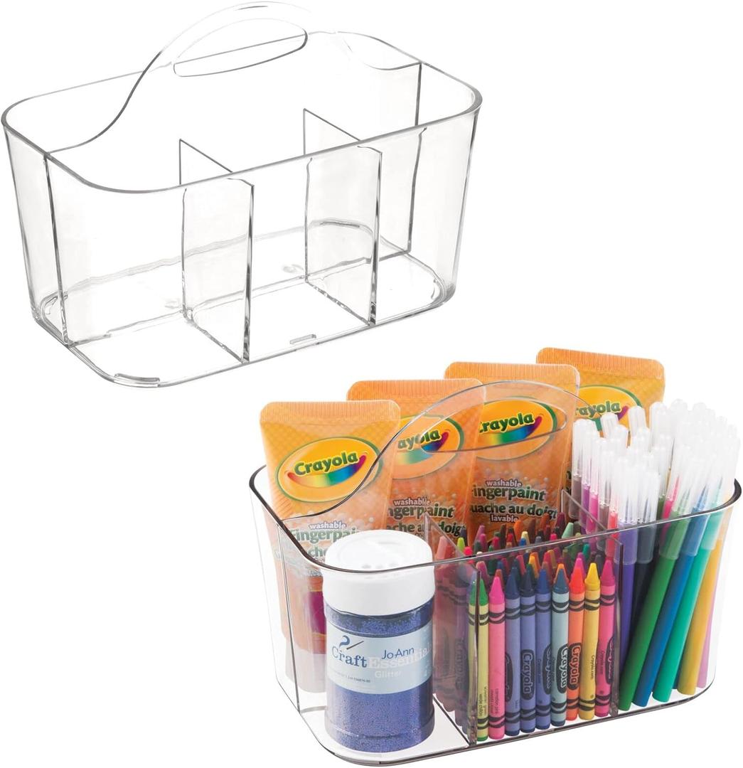 mDesign Plastic Portable Craft Storage Organizer Caddy Tote, Divided Basket Bin with Handle for Crafts, Sewing, Art Supplies - Holds Brushes, Colored Pencils - Lumiere Collection - 2 Pack - Clear