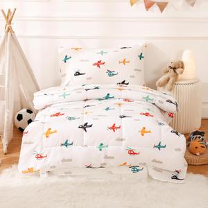 JSD Airplane Toddler Bedding Set, 4 Piece Bed-in-a-Bag Toddler Comforter Sheet Set, Machine Washable