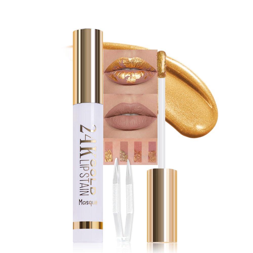 2 x Brownish Red Liquid Matte Lip Liner Stain Peel Off with Tweezer, Long Lasting, Waterproof New Gold Matte Lipstick Lip Gloss Tattoo for Women, Smudge-proof Non-Stick Cup Lip Tint Makeup 02# (0.14 Fl Oz (Pack of 1))