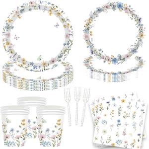 Wildflower Party Supplies Tableware- 9" & 7" Floral Themed Plates, Napkins, Cups & Forks for Baby Shower, Birthday, Bridal Shower, Engagement, Wedding Spring Tea Garden Party (Serves 24)
