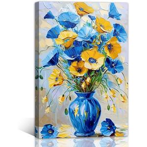 Blue and Yellow Flowers Wall Art Framed（Floral-2,16x24inch (40x60cm)