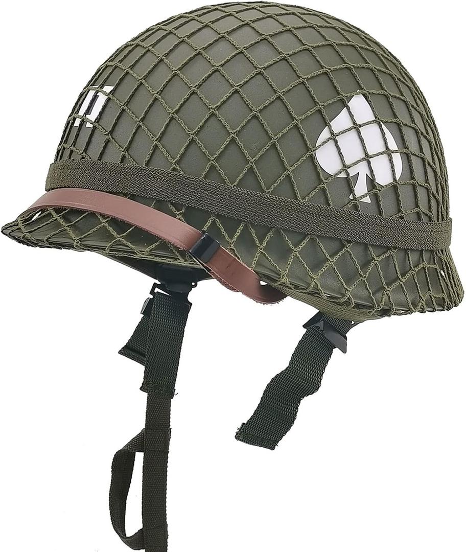 WW2 US Army M1 Helmet, WW2 Gear, WW2 Uniform, WW2 Helmet Metal Steel Shell Replica with Net/Canvas Chin Strap/Cat Eye Band DIY Painting