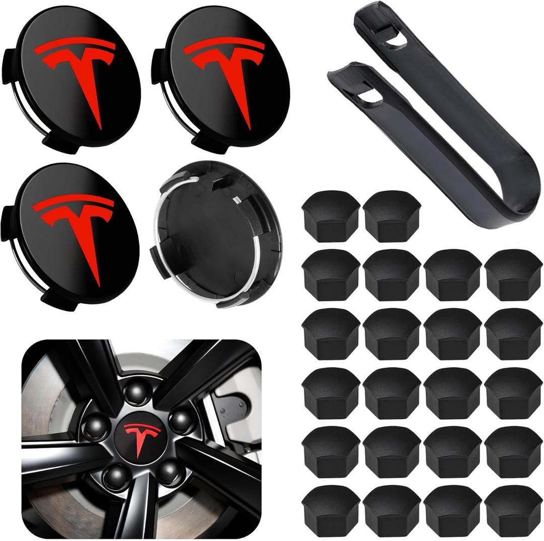 4 Pack Car Wheel Center Hub Cap Kit with 22 Lug Nut Covers, 2.2 in (56mm) Wheel Rim Covers Center Hubcaps with Emblem for Model 3 Y, Black & Red Gray & Silver Exterior Decoration for Tesla