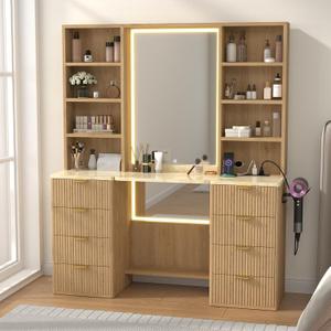 47.2 Fluted Makeup Vanity Desk with 38 Mirror and Lights, Modern Tall Vanity Table with Detachable Top, 8 Drawers & Shelves Storage, Dressing Table Built-in Power Outlet for Bedroom