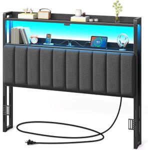 Rolanstar Headboard for Full Size Bed with Storage, 60,000 DIY Color of LED Light, Head Board with USB & Type C Port, Height Adjustable, Black Upholstered Cabeceras de Cama Comfortable Modern, Stable