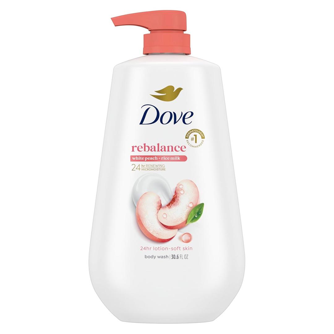 Dove Body Wash Rebalance White Peach & Rice Milk For 24hr LotionSoft Skin Moisturizing Skin Cleanser with No Sulfates No Parabens 30.6 oz