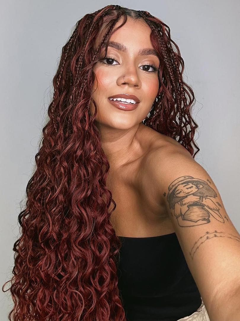 Goddess Bohemian Box Braids Crochet Hair 7 Packs 18 Inch Boho Crochet Braids for Black Women Pre Looped Braiding Hair with Curly Ends, Reddish Brown
