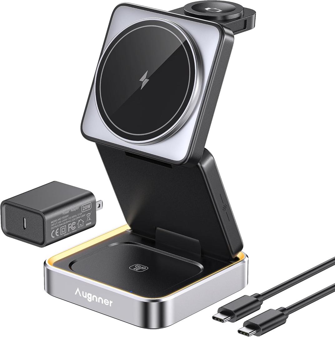 2025 UpgradedWireless Charger 3 in 1, Foldable Wireless Charging Station with Night Light for Apple MagSafe Charger, Travel Magnetic Charger Stand, Nightstand Fast 15W Charging Station (20W Adapter) (black)