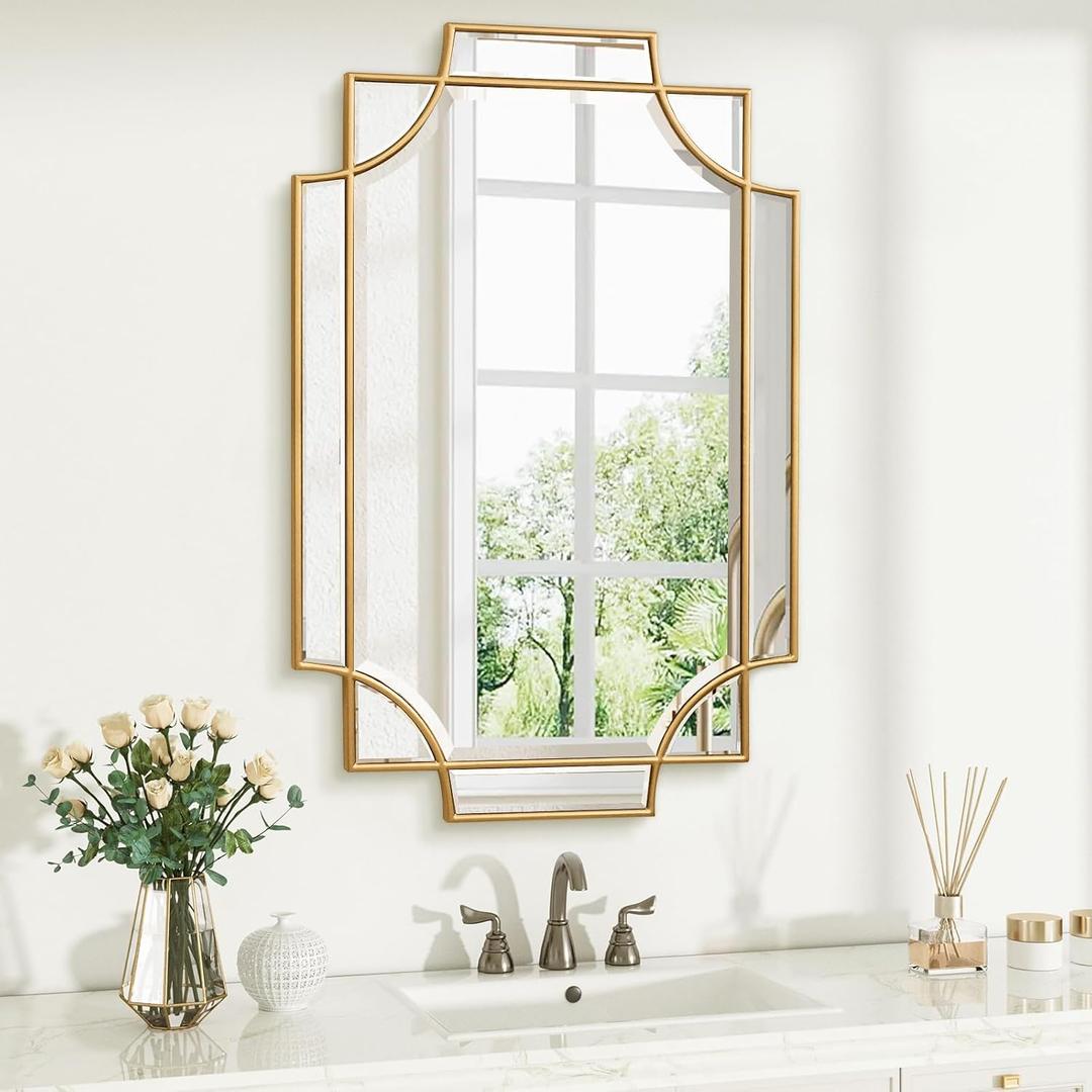 Gold Bathroom Mirror for Wall, 24"x36" Rectangle Vanity Mirror, Polished Beveled Modern Decorative Mirror for Entryway, Living Room, Bedroom (Horizontal/Vertical)