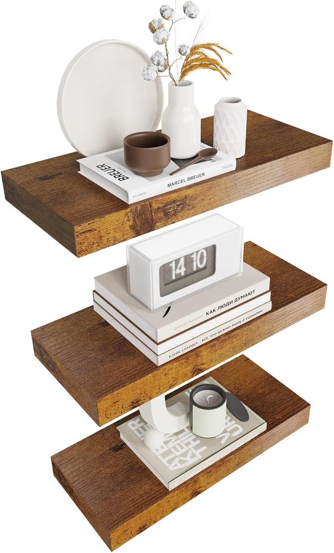 Colima Floating Shelves for Wall Brown Wood Wall Shelf for Bedroom, 15 Inch Wall Mounted Floating Shelves for Bathroom Living Room Kitchen Office, 1.3" Thick Floating Book Shelves for Wall, Set of 3