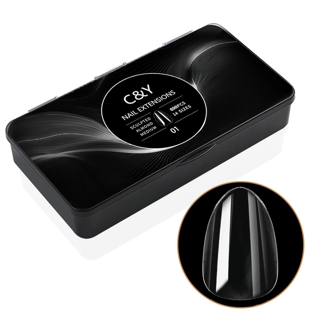 600pcs Sculpted Medium Almond Soft Gel Nail Tips, Professional False Nail Tips with Box - 14 Sizes Full Cover Clear Acrylic Press On Fake Nails for Extension Manicure Salon DIY at Home