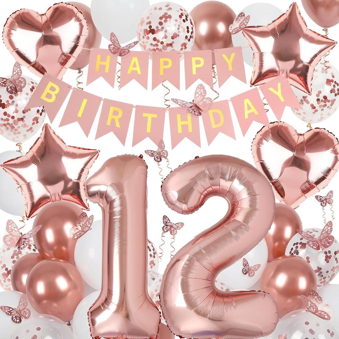 Rose Gold 12th Birthday Decorations for Girl, 12 Year Old Sign with Happy Birthday Banner, 40In Number 12 Foil Birthday Balloons, Butterfly Decorations, Heart and Star Balloons