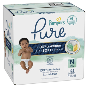 Pampers Pure Protection Baby Diapers, Size 0 (10 lbs ), 128 Count, Up to 100% Leakproof, Premium Plant-based Skin Protection, Hypoallergenic Soft Diapers (Newborn)