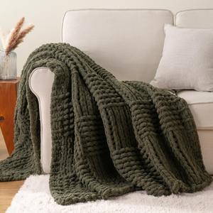 Bunnikins & Clover Olive Green Throw Blanket for Couch, Chunky Knit Blanket Throw with Chenille Yarn for Bed Living Room Home Decor, 50"x60"