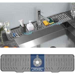 24" Kitchen Sink Faucet Splash Guard Plus Size Silicone Sink Faucet Drying Mat Faucet Handle Drip Catcher Tray Dish Sponge Holder Kitchen Sink Accessories Protector Home Organization Gadgets Organizer (Grey: 23.4"x5.7")