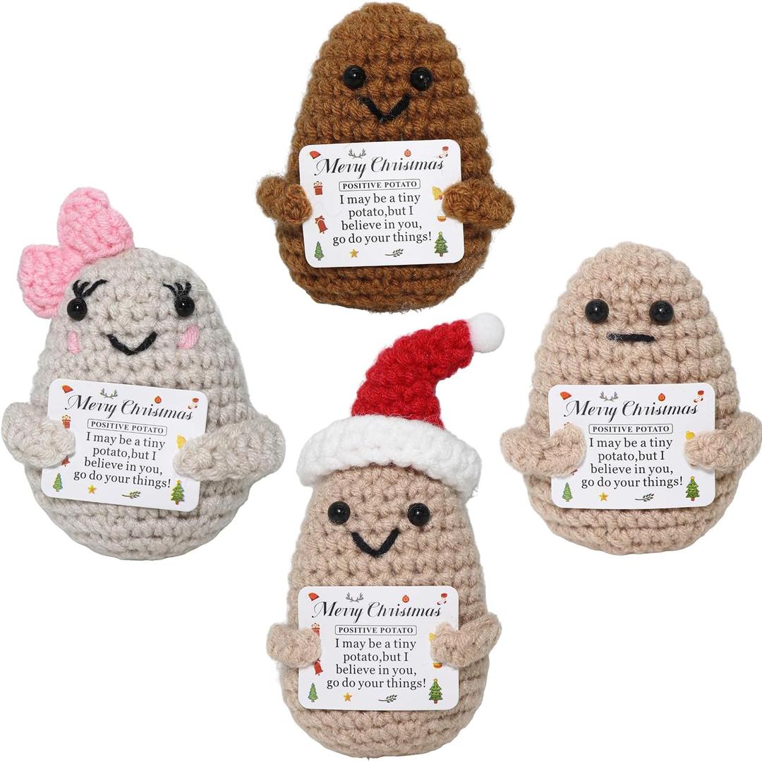 3 x 4 PCS Mini Funny Positive Crochet Potato with Positive Card,Cute Emotional Support Cheer up Handmade Knitted Soft Dolls Desk Decor Christmas Birthday Gifts Idea for Women Men Her Him Friends