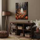 Vintage Halloween Wall Art Ghost in the woods with pumpkins Poster haunting ghost Canvas print dark academia gothic oil painting for Halloween Party House Room Decor 8x12inch Framed