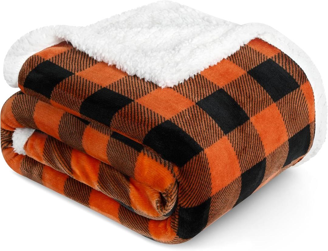 PAVILIA Black Orange Buffalo Plaid Sherpa Throw Blanket for Couch Twin, Soft Fuzzy Flannel Blanket for Bed, Plush Halloween Checkered Fleece Blanket and Throws, Warm Thick Winter Blanket Gift, 60x80