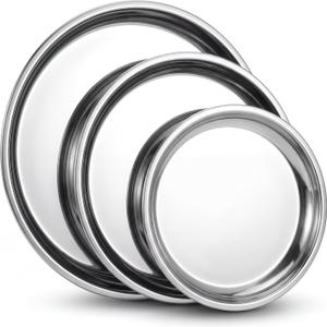 3 Pack Round Serving Trays Stainless Steel Large Silver Serving Platter 15.75" 13.78" 11.8" Circle Mirror Metal Tray Set for Party Kitchen Home Decoration Housewarming Gifts(Smooth Style)