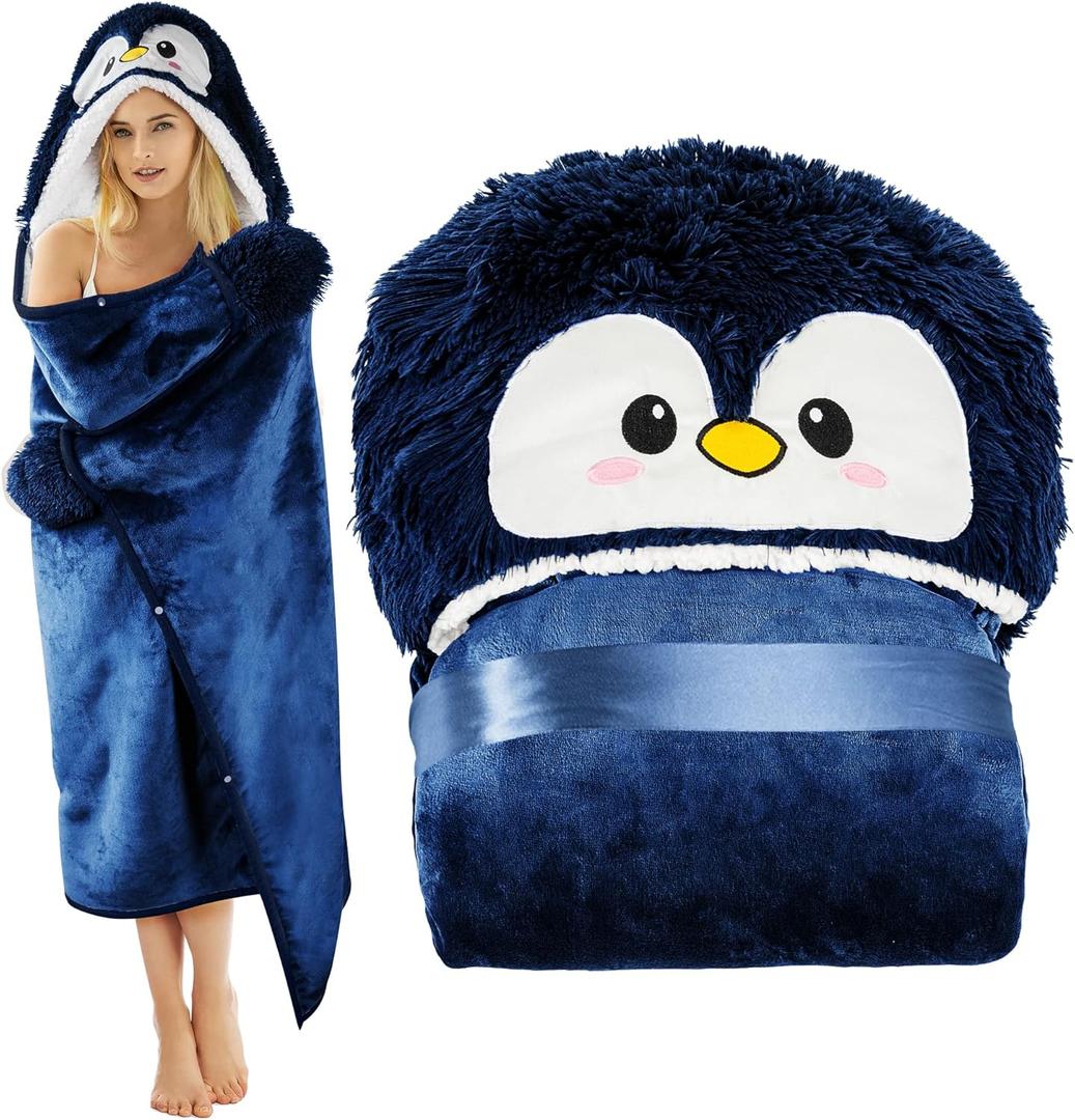 Penguin Wearable Hooded Blanket for Adults  Super Soft Warm Cozy Plush Flannel Fleece & Sherpa Hoodie Throw Cloak Wrap - Penguin Gifts for Women Adults Girls and Kids (Dark Blue)