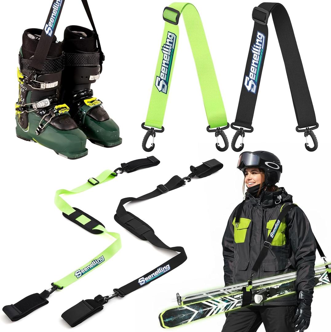 Seenelling 4 Pcs Ski Boot and Pole Carrier Straps Skiing Accessories 2 Anti Slip Boot Straps 2 Adjustable Shoulder Slings with Cushioned Pad and Buckle, Outdoor Winter Essential for Men Women