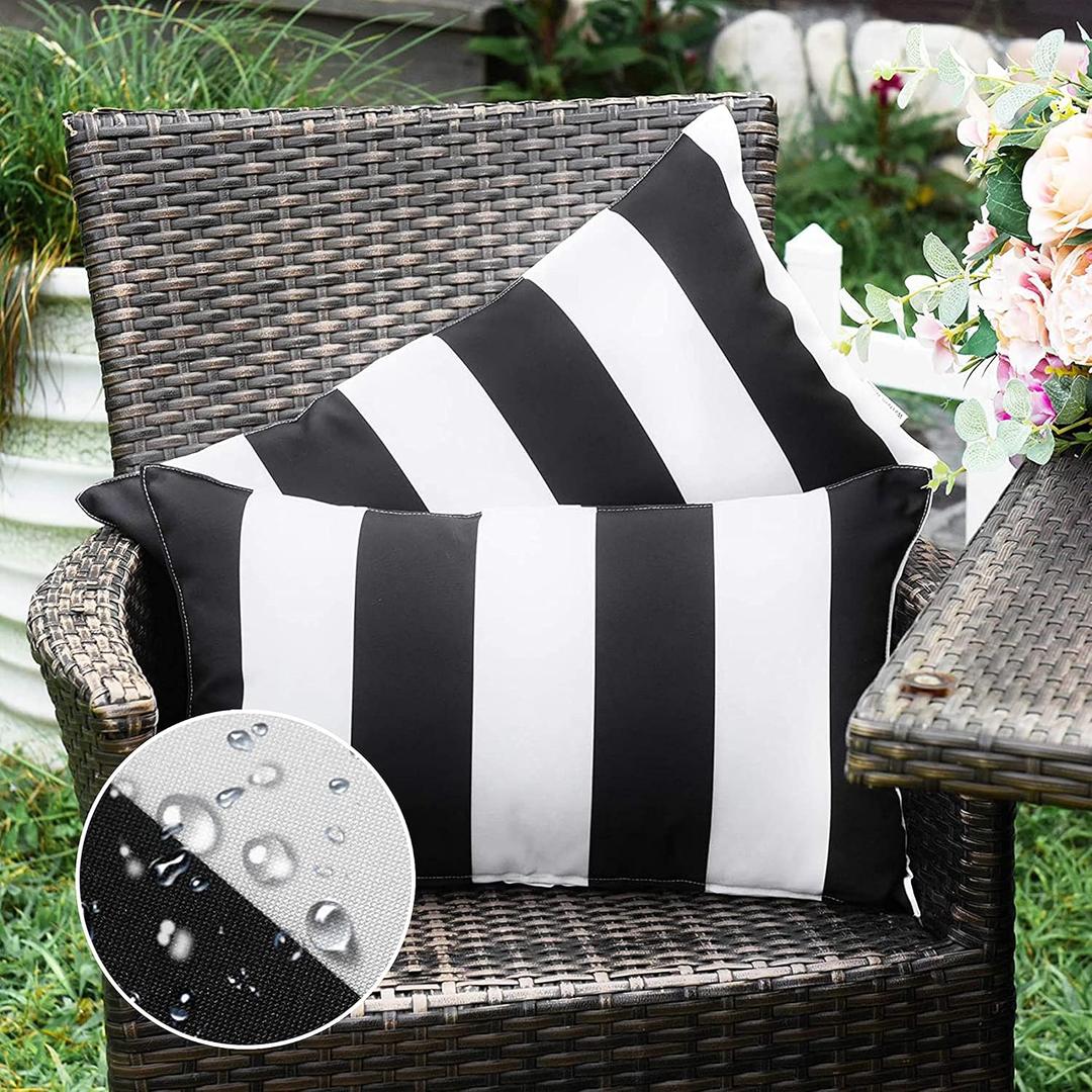 WESTERN HOME WH Pack of 2 Outdoor Waterproof Striped Pillow Covers Decorative Garden Cushion Covers Modern Farmhouse Throw Pillowcases for Patio Tent Balcony Couch Sofa 12x20 inch Black