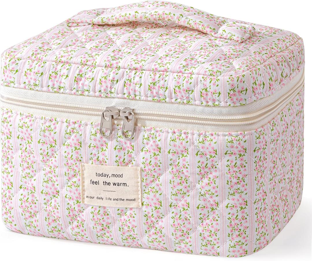 HBselect Large Quilted Makeup Bags for Women, Cute Cotton Travel Cosmetic Bags with Handle, Gifts for Bridesmaids, Portable Coquette Floral Make up Bag, Toiletry Cosmetic Bag
