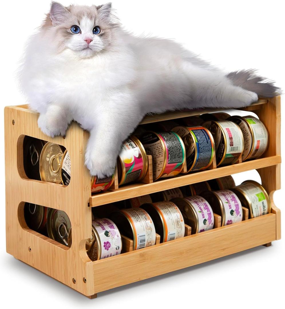 Coanto Upgraded Cat Food Organizer, Cat Food Can Organizer, Can Organizer for Pantry, Cat Food Storage, Bamboo, Holds 36 (3oz) Cans