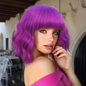 Earfodo Short Hot Pink Wave Wig for Women HotPink Wigs with Bangs 14Inch Rose Pink Hair Synthetic Cosplay Wigs for Halloween Cosplay Daily Party Use