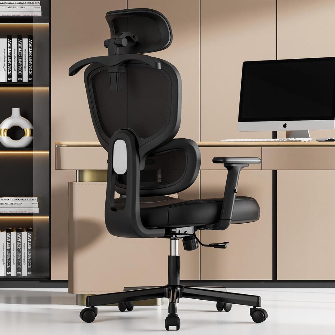 Office Chair, Ergonomic Desk Chair, High Back Desk Chair, Big and Tall Reclining Comfy Home Office Chair with Lumbar Support Breathable Mesh Computer Chair Adjustable Armrests (Blackblack)