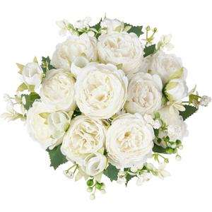 Peonies Artificial Flowers, Small Silk Flowers for Home Decor Indoor Fake Bouquet Faux Floral Arrangements Dining Table Centerpieces for Kitchen Party Decor White